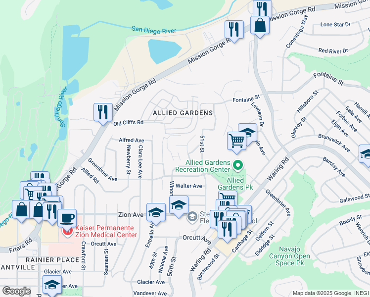 map of restaurants, bars, coffee shops, grocery stores, and more near 6896 50th Street in San Diego
