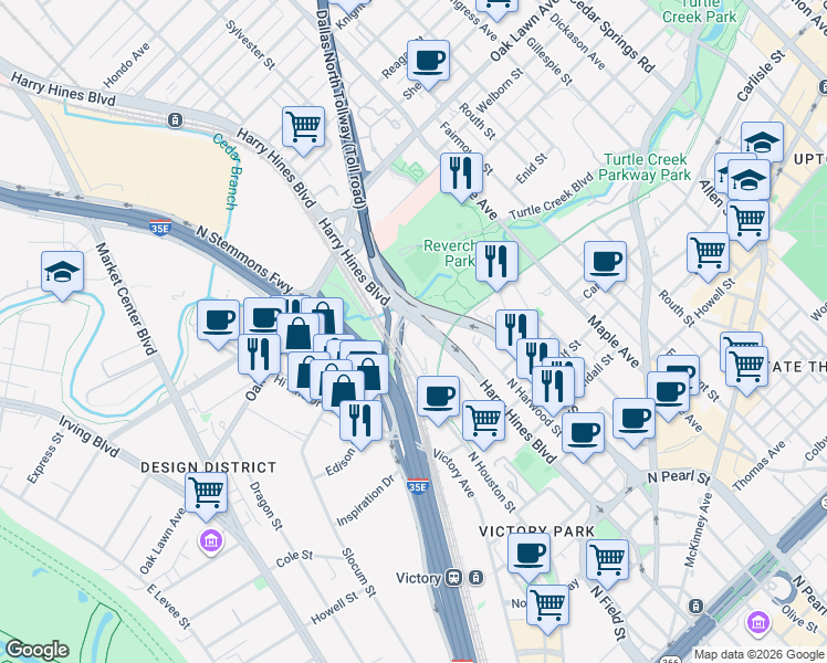 map of restaurants, bars, coffee shops, grocery stores, and more near 3333 Harry Hines Boulevard in Dallas