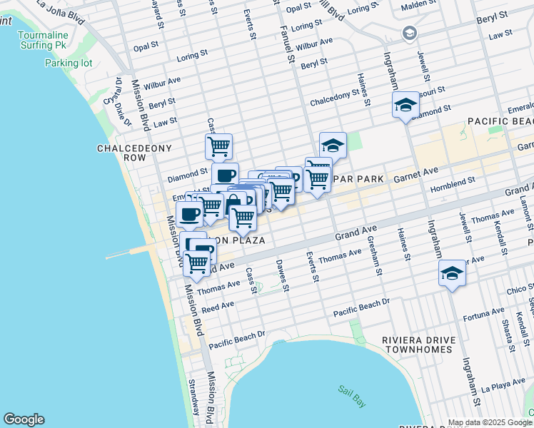 map of restaurants, bars, coffee shops, grocery stores, and more near Garnet Ave & Dawes St in San Diego