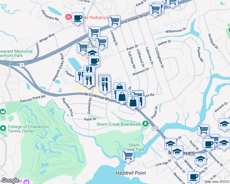 map of restaurants, bars, coffee shops, grocery stores, and more near 1043 Provincial Circle in Mount Pleasant