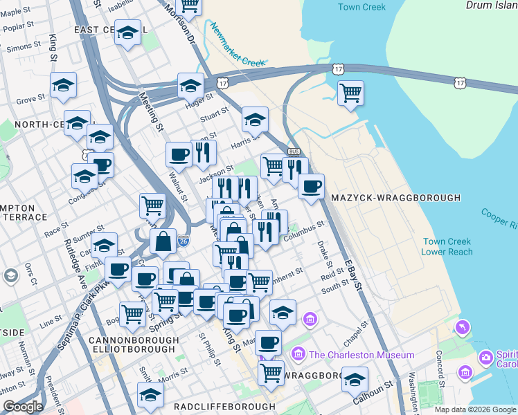 map of restaurants, bars, coffee shops, grocery stores, and more near 45 Aiken Street in Charleston