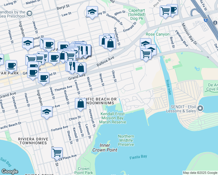 map of restaurants, bars, coffee shops, grocery stores, and more near 2140 Oliver Avenue in San Diego