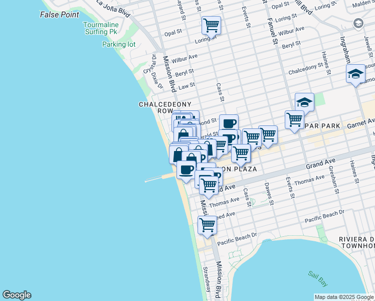map of restaurants, bars, coffee shops, grocery stores, and more near 858 Felspar Street in San Diego