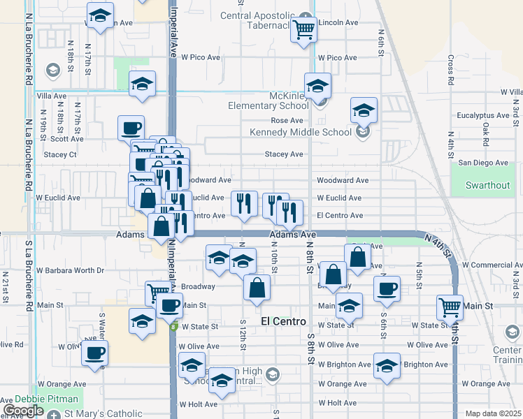 map of restaurants, bars, coffee shops, grocery stores, and more near 1034 El Centro Avenue in El Centro