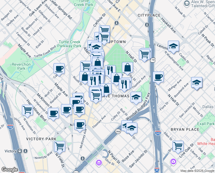 map of restaurants, bars, coffee shops, grocery stores, and more near 2828 Woodside Street in Dallas