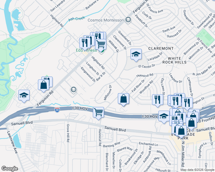 map of restaurants, bars, coffee shops, grocery stores, and more near 7923 Millstone Drive in Dallas