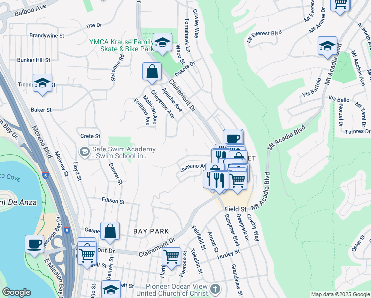 map of restaurants, bars, coffee shops, grocery stores, and more near 4740 Iroquois Avenue in San Diego