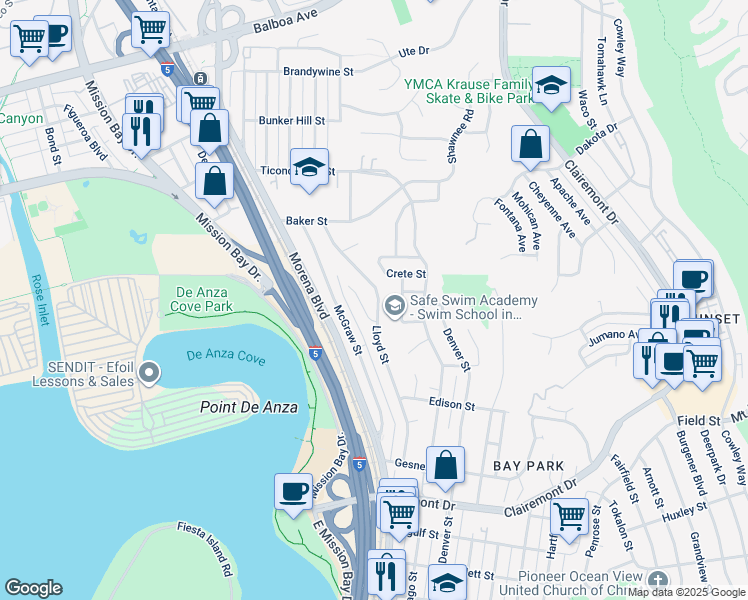 map of restaurants, bars, coffee shops, grocery stores, and more near 3665 Lloyd Terrace in San Diego