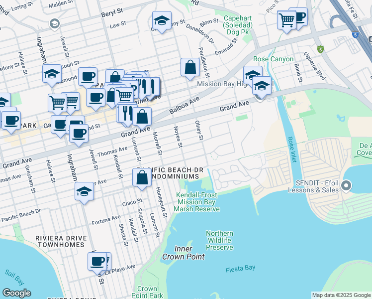 map of restaurants, bars, coffee shops, grocery stores, and more near 2140 Oliver Avenue in San Diego
