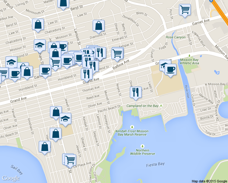 map of restaurants, bars, coffee shops, grocery stores, and more near 2057 Reed Avenue in San Diego