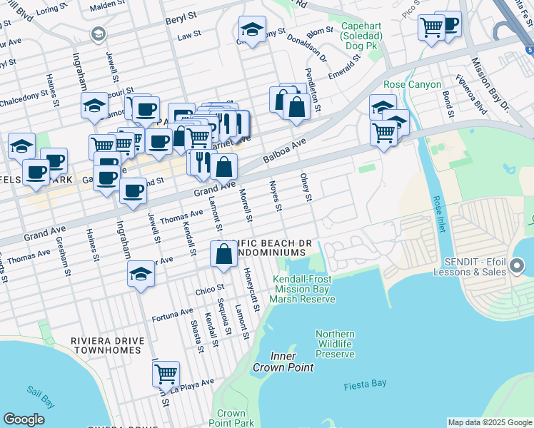 map of restaurants, bars, coffee shops, grocery stores, and more near 2057 Reed Avenue in San Diego