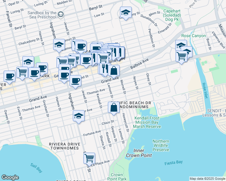 map of restaurants, bars, coffee shops, grocery stores, and more near 4257 Lamont Street in San Diego
