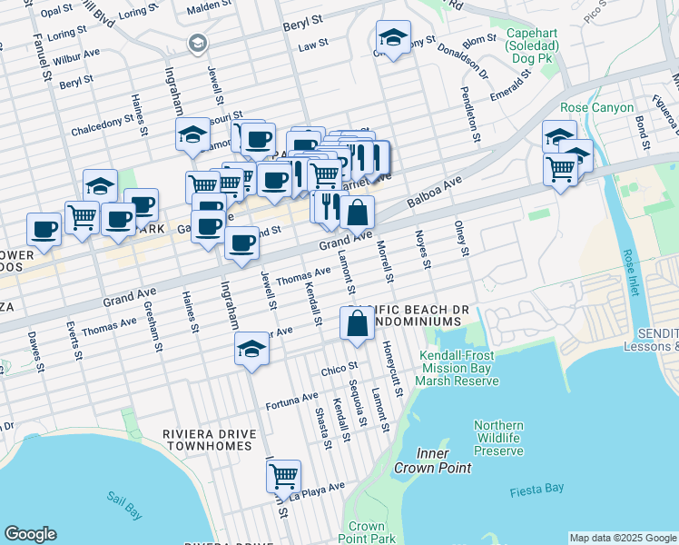 map of restaurants, bars, coffee shops, grocery stores, and more near 4257 Lamont Street in San Diego