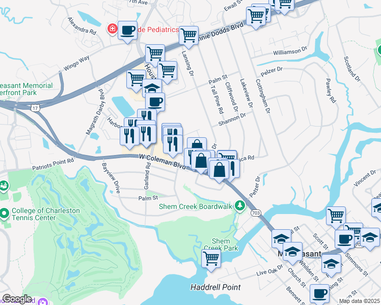 map of restaurants, bars, coffee shops, grocery stores, and more near 1043 Provincial Circle in Mount Pleasant