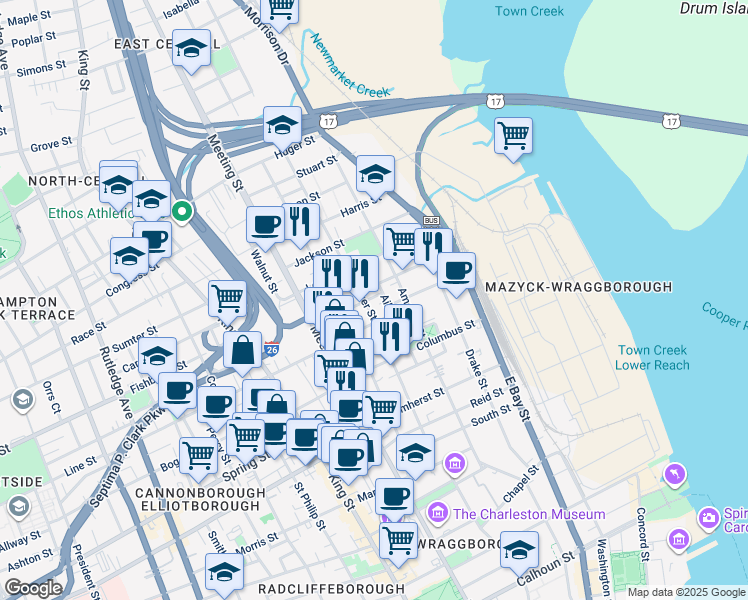 map of restaurants, bars, coffee shops, grocery stores, and more near 39 Aiken Street in Charleston