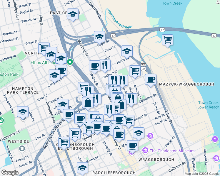map of restaurants, bars, coffee shops, grocery stores, and more near 512 Meeting Street in Charleston