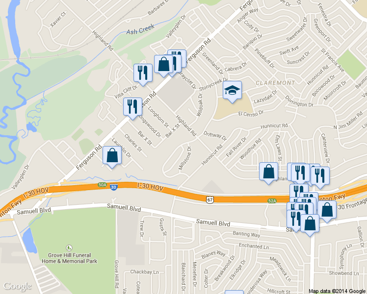 map of restaurants, bars, coffee shops, grocery stores, and more near 7923 Millstone Drive in Dallas