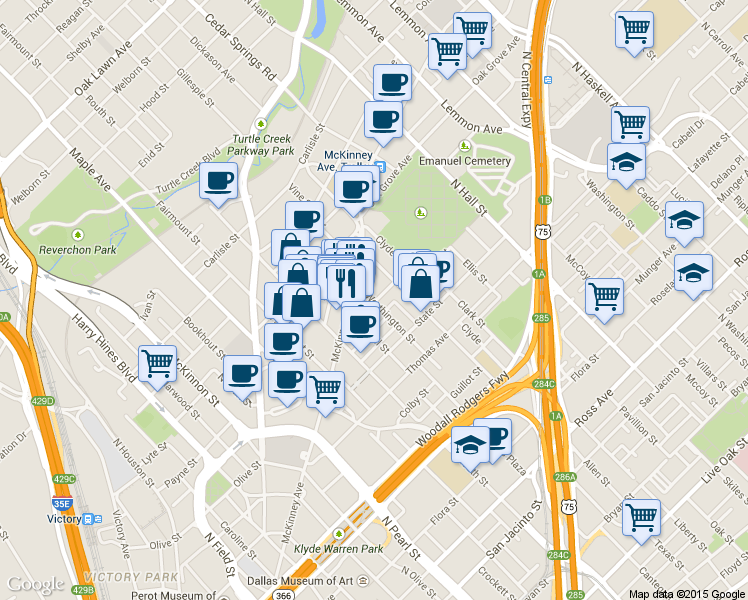 map of restaurants, bars, coffee shops, grocery stores, and more near 2702 McKinney Avenue in Dallas