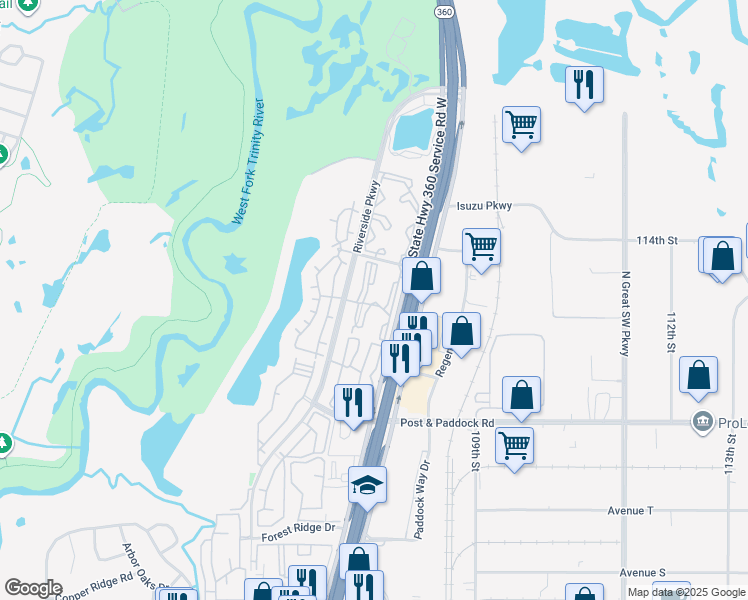 map of restaurants, bars, coffee shops, grocery stores, and more near 2825 Texas 360 in Grand Prairie