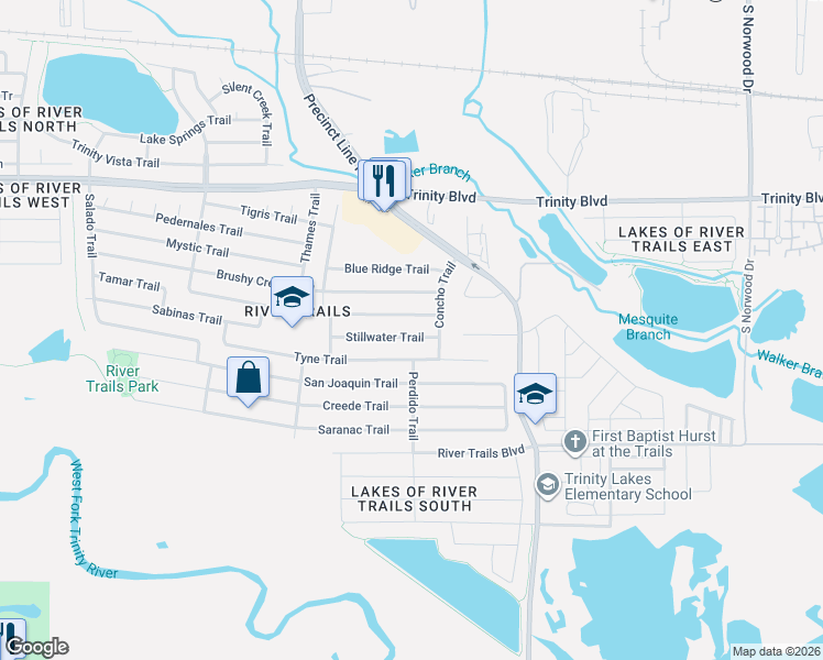 map of restaurants, bars, coffee shops, grocery stores, and more near 9076 Stillwater Trail in Fort Worth