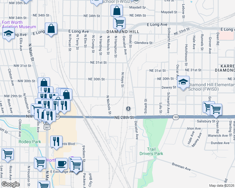map of restaurants, bars, coffee shops, grocery stores, and more near 1120 Northeast 29th Street in Fort Worth