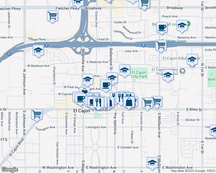 map of restaurants, bars, coffee shops, grocery stores, and more near 275 Indiana Avenue in El Cajon