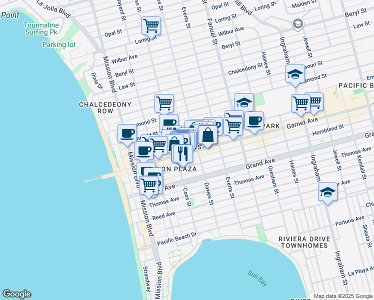 map of restaurants, bars, coffee shops, grocery stores, and more near 1059 Garnet Avenue in San Diego