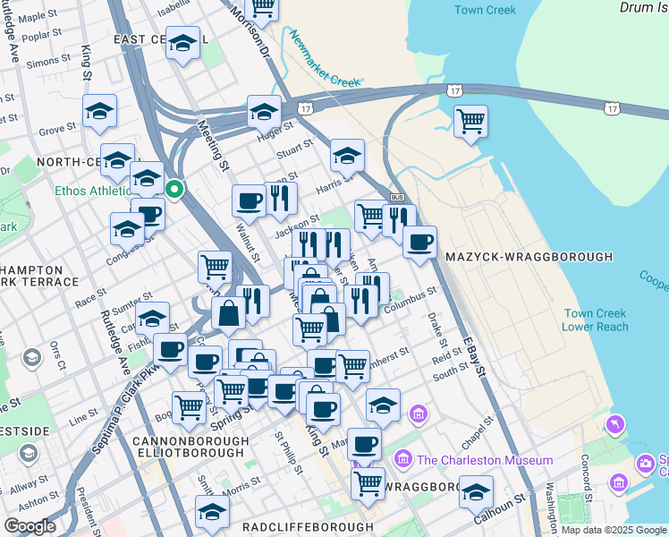 map of restaurants, bars, coffee shops, grocery stores, and more near 12 Sheppard Street in Charleston