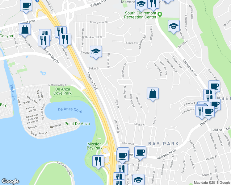 map of restaurants, bars, coffee shops, grocery stores, and more near 3154 Lloyd Street in San Diego