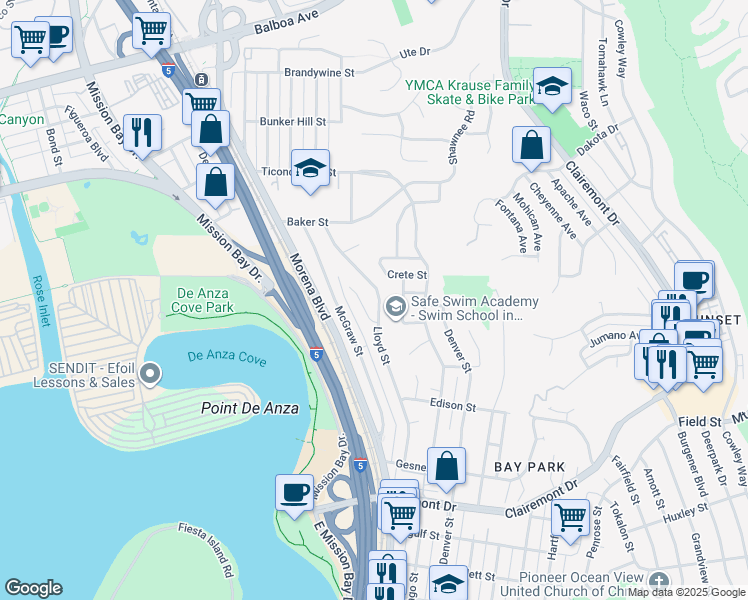 map of restaurants, bars, coffee shops, grocery stores, and more near 3154 Lloyd Street in San Diego