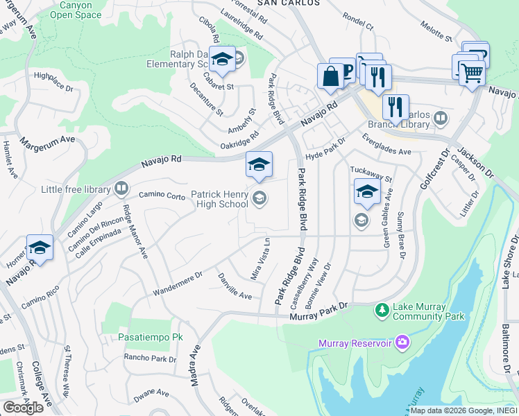 map of restaurants, bars, coffee shops, grocery stores, and more near 6702 Wandermere Drive in San Diego