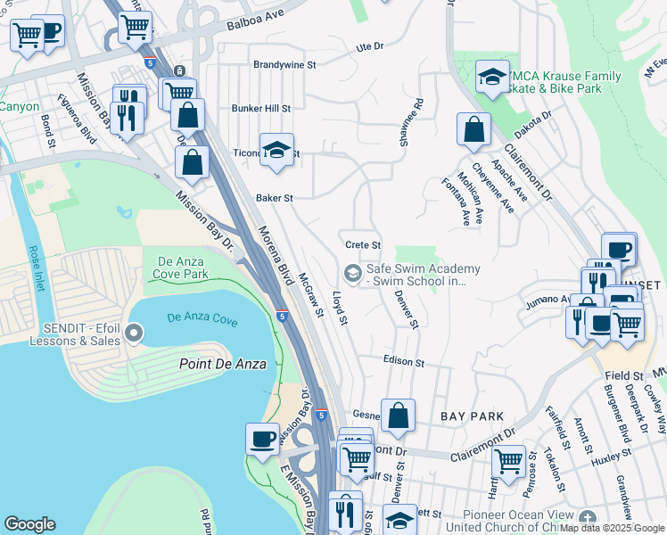 map of restaurants, bars, coffee shops, grocery stores, and more near 3154 Lloyd Street in San Diego