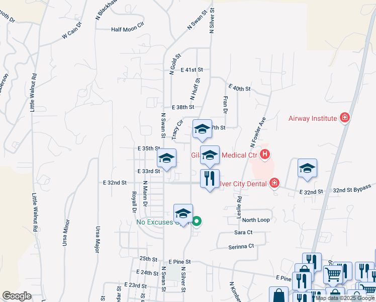 map of restaurants, bars, coffee shops, grocery stores, and more near 3376-3536 North Silver Street in Silver City