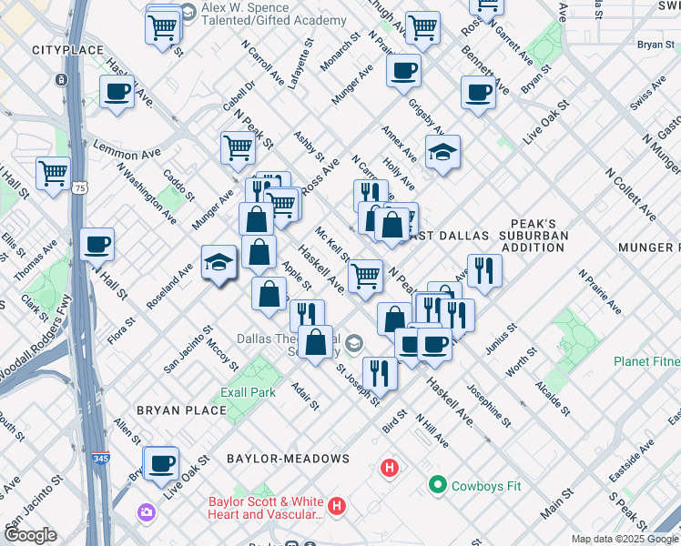map of restaurants, bars, coffee shops, grocery stores, and more near 4110 Bryan St in Dallas