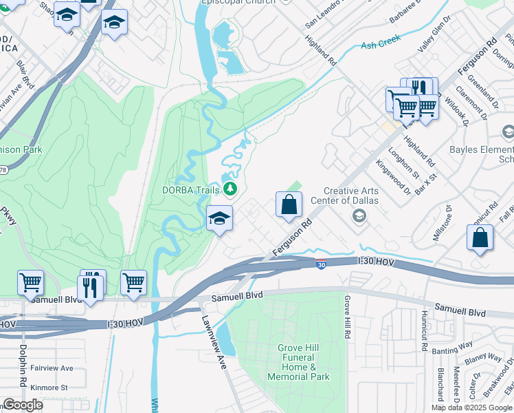 map of restaurants, bars, coffee shops, grocery stores, and more near 21 Dulaney Drive in Dallas