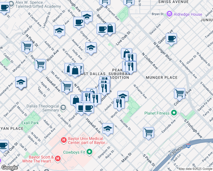 map of restaurants, bars, coffee shops, grocery stores, and more near 1000 North Carroll Avenue in Dallas
