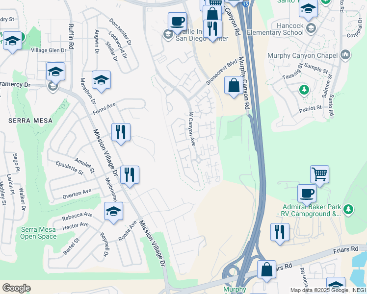 map of restaurants, bars, coffee shops, grocery stores, and more near 2726 West Canyon Avenue in San Diego