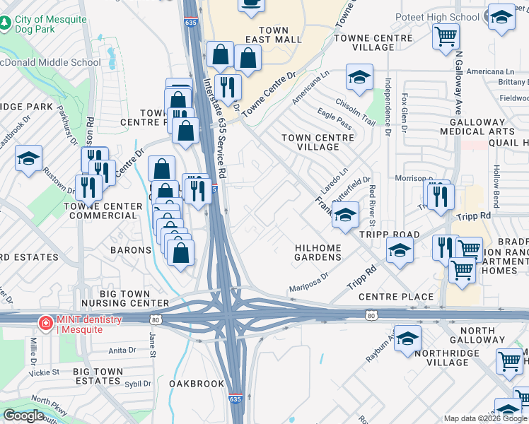 map of restaurants, bars, coffee shops, grocery stores, and more near 2645 Franklin Drive in Mesquite