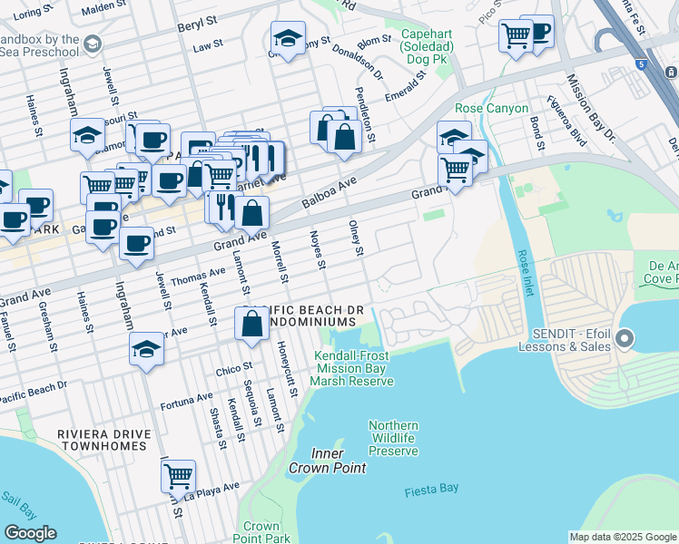 map of restaurants, bars, coffee shops, grocery stores, and more near 2125 Reed Avenue in San Diego
