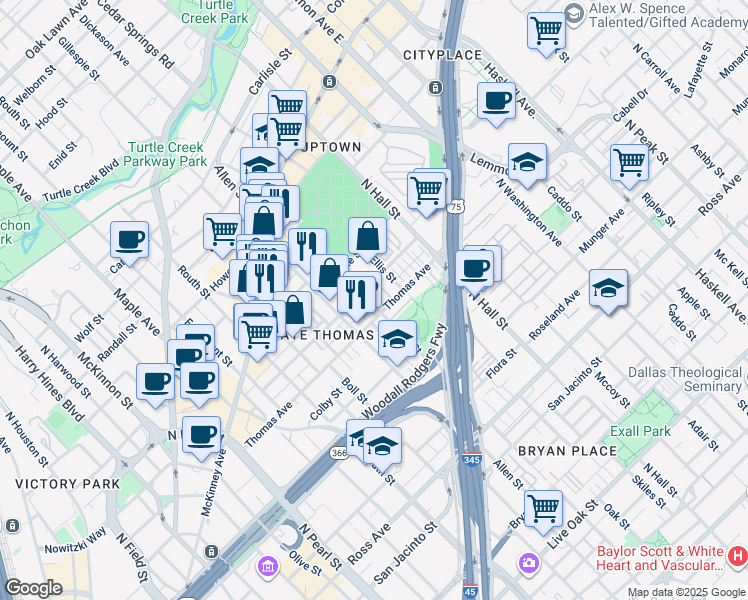 map of restaurants, bars, coffee shops, grocery stores, and more near 3010 State Street in Dallas
