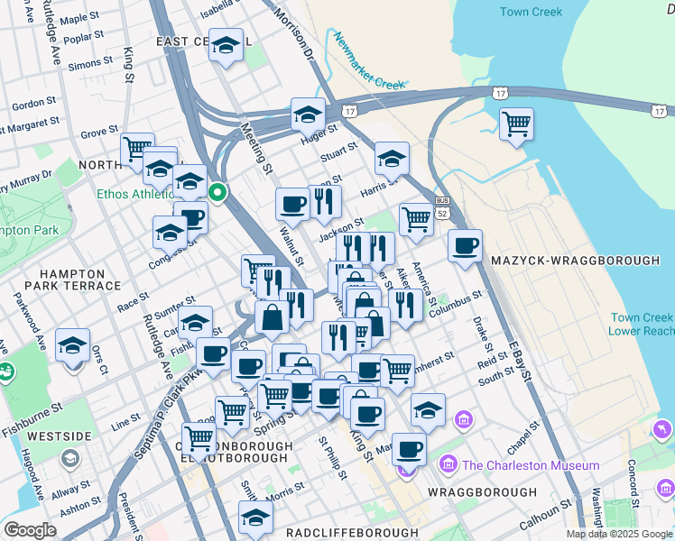 map of restaurants, bars, coffee shops, grocery stores, and more near 114 Cooper Street in Charleston