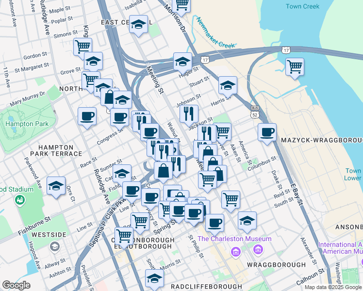 map of restaurants, bars, coffee shops, grocery stores, and more near 1 Walnut Street in Charleston