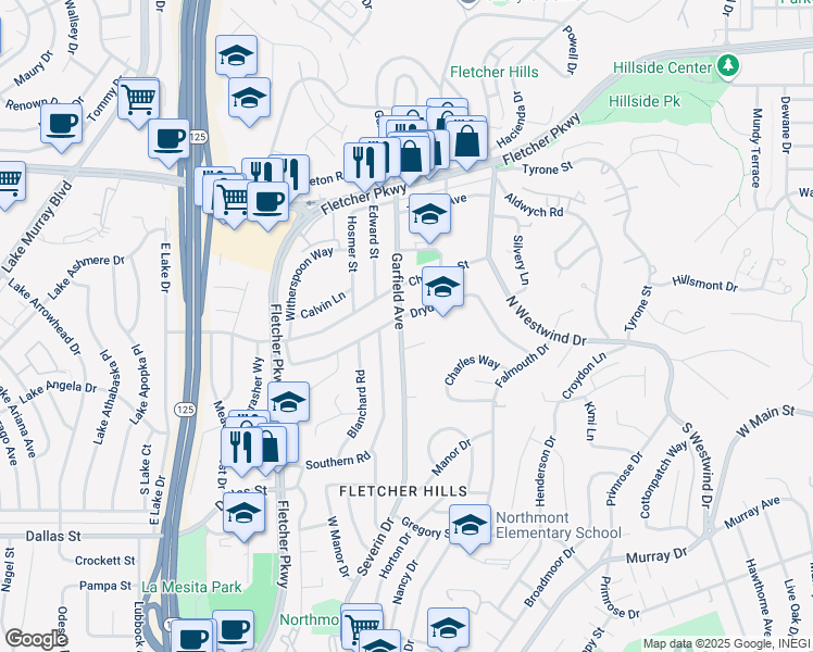map of restaurants, bars, coffee shops, grocery stores, and more near 325 Garfield Avenue in El Cajon