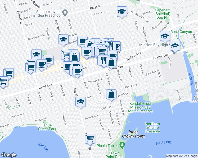 map of restaurants, bars, coffee shops, grocery stores, and more near 1812 Thomas Avenue in San Diego