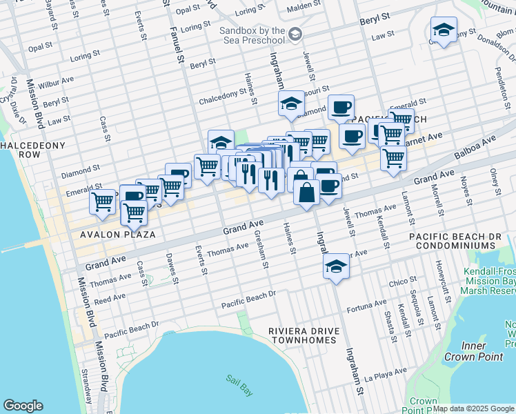 map of restaurants, bars, coffee shops, grocery stores, and more near 1419 Hornblend Street in San Diego