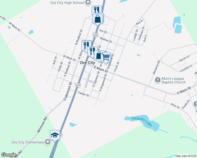 map of restaurants, bars, coffee shops, grocery stores, and more near 219 Cypress Street in Ore City