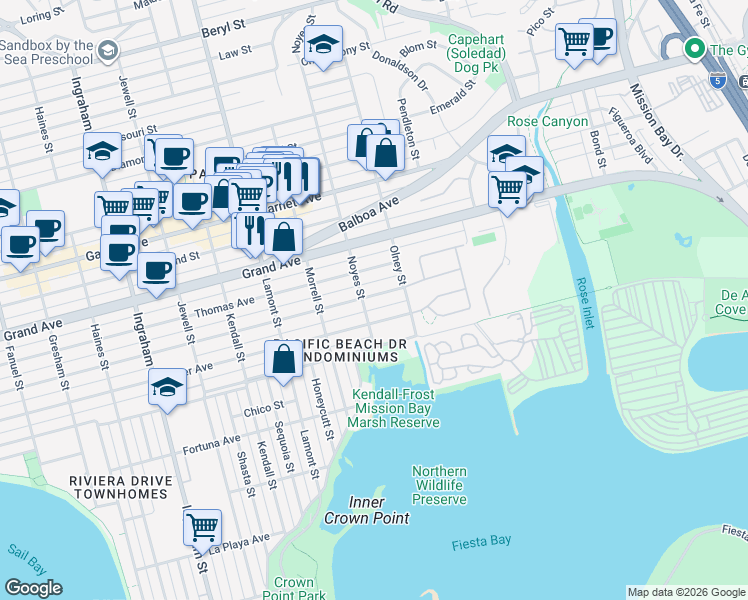 map of restaurants, bars, coffee shops, grocery stores, and more near 2140 Oliver Avenue in San Diego