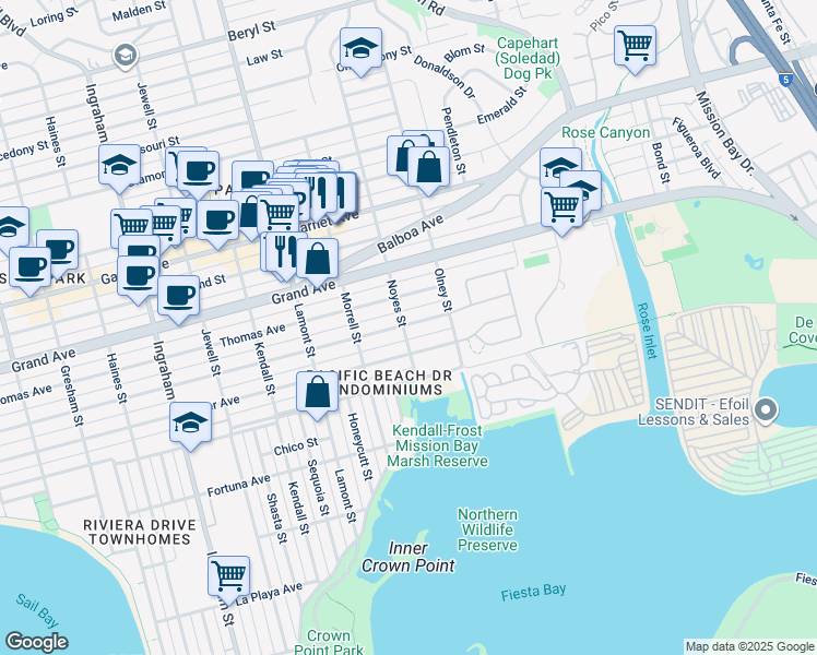 map of restaurants, bars, coffee shops, grocery stores, and more near 2057 Reed Avenue in San Diego