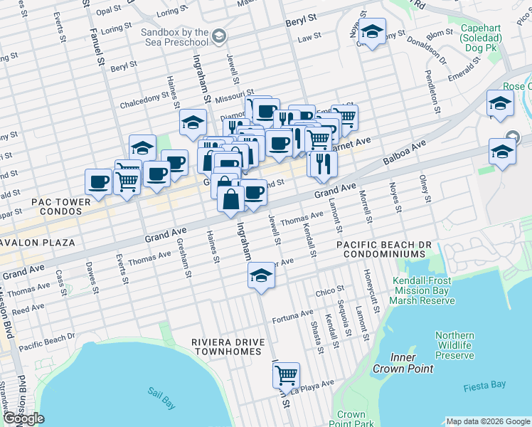 map of restaurants, bars, coffee shops, grocery stores, and more near 1668 Thomas Avenue in San Diego