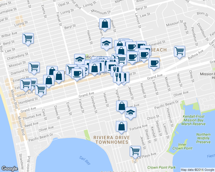 map of restaurants, bars, coffee shops, grocery stores, and more near 1527 Grand Avenue in San Diego